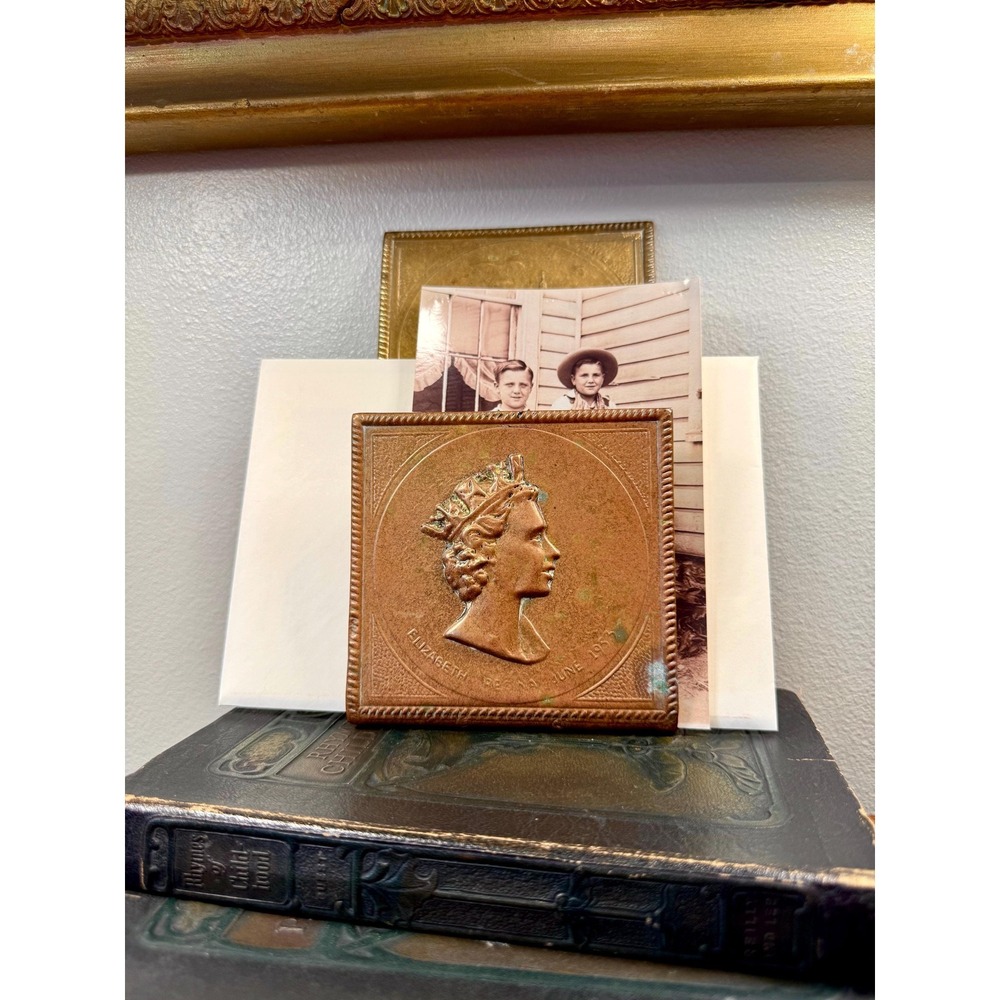 Vintage Queen Elizabeth II Coronation Letter Holder‎ • Copper Brass Plaque 1953